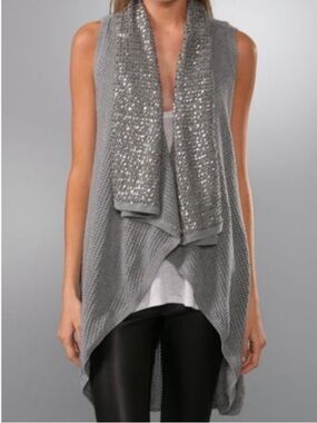 Alice + Olivia Grey Sequin Knit Vest Open Front Draped Medium